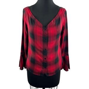 HIGHLINE COLLECTIVE Red Black Plaid V-Neckline Bell Sleeve Button Up Sz S NEW